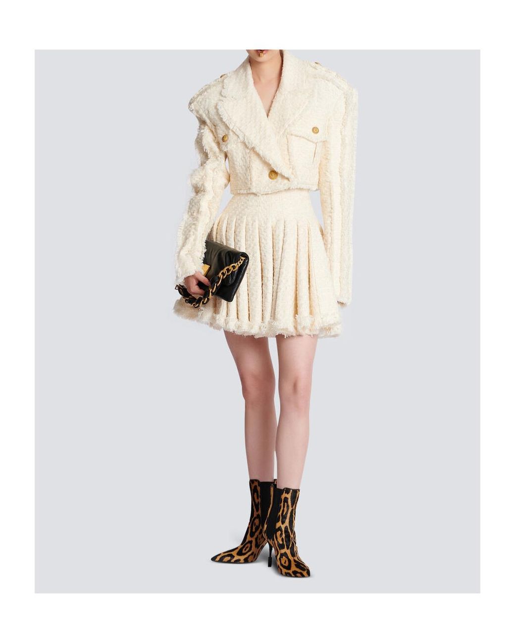 Balmain Natural Short Fringed Tweed Jacket