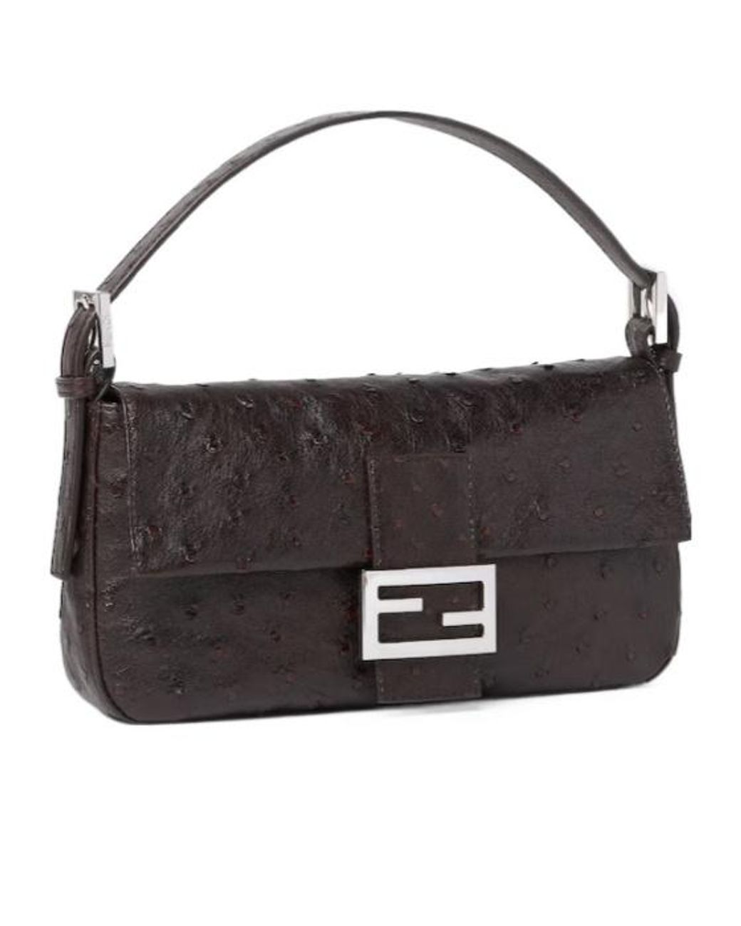 Fendi Black Baguette 26424 Dark Ostrich Leather Bag