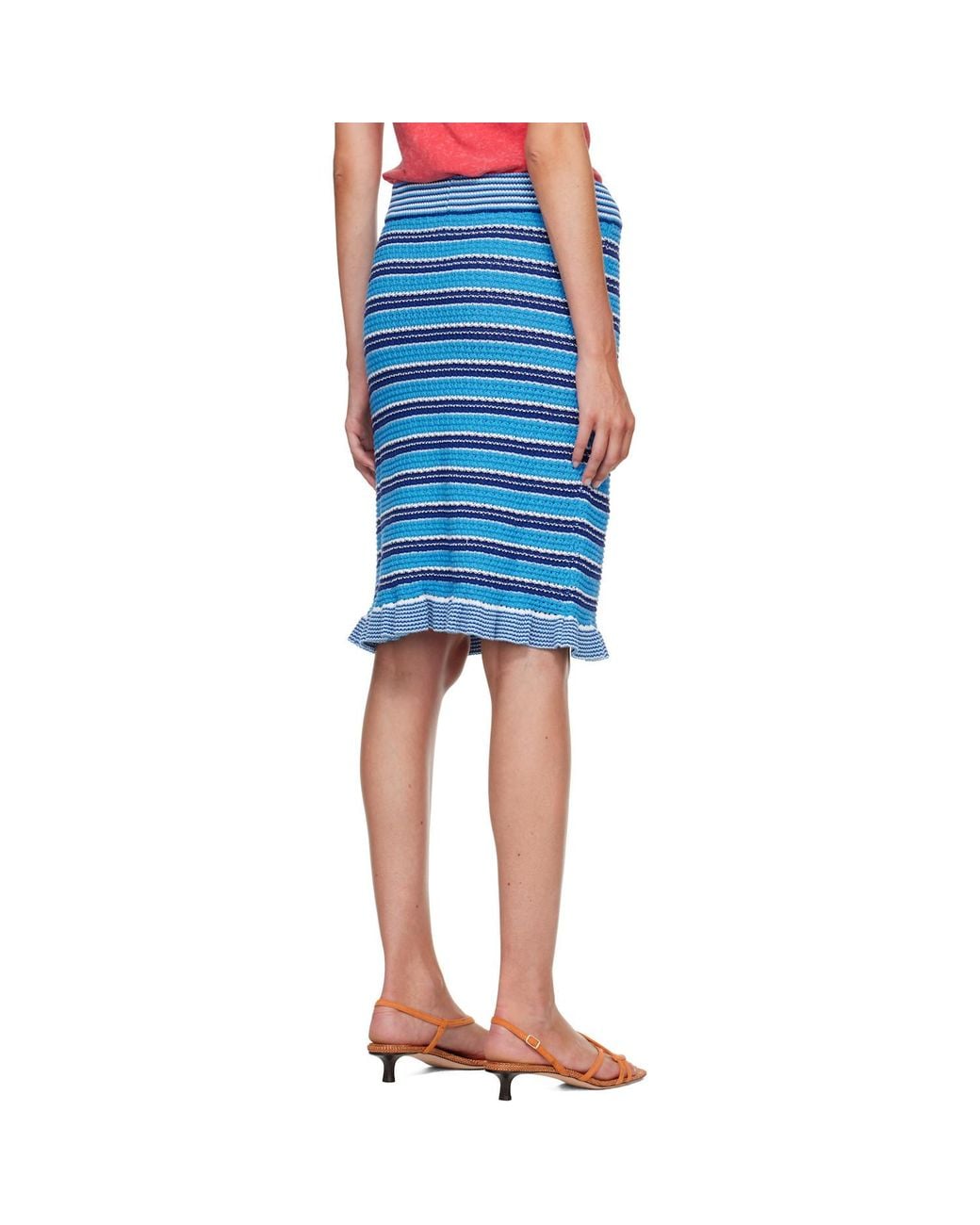 Ganni Blue Striped Ruffled Midi Skirt
