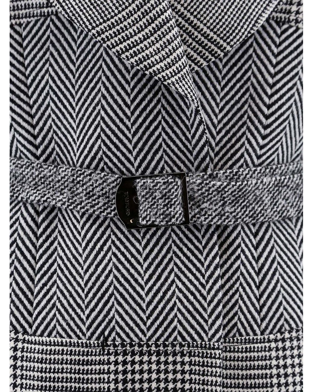 Tom Ford Gray Houndstooth-Pattern Straight Hem Belted Coat