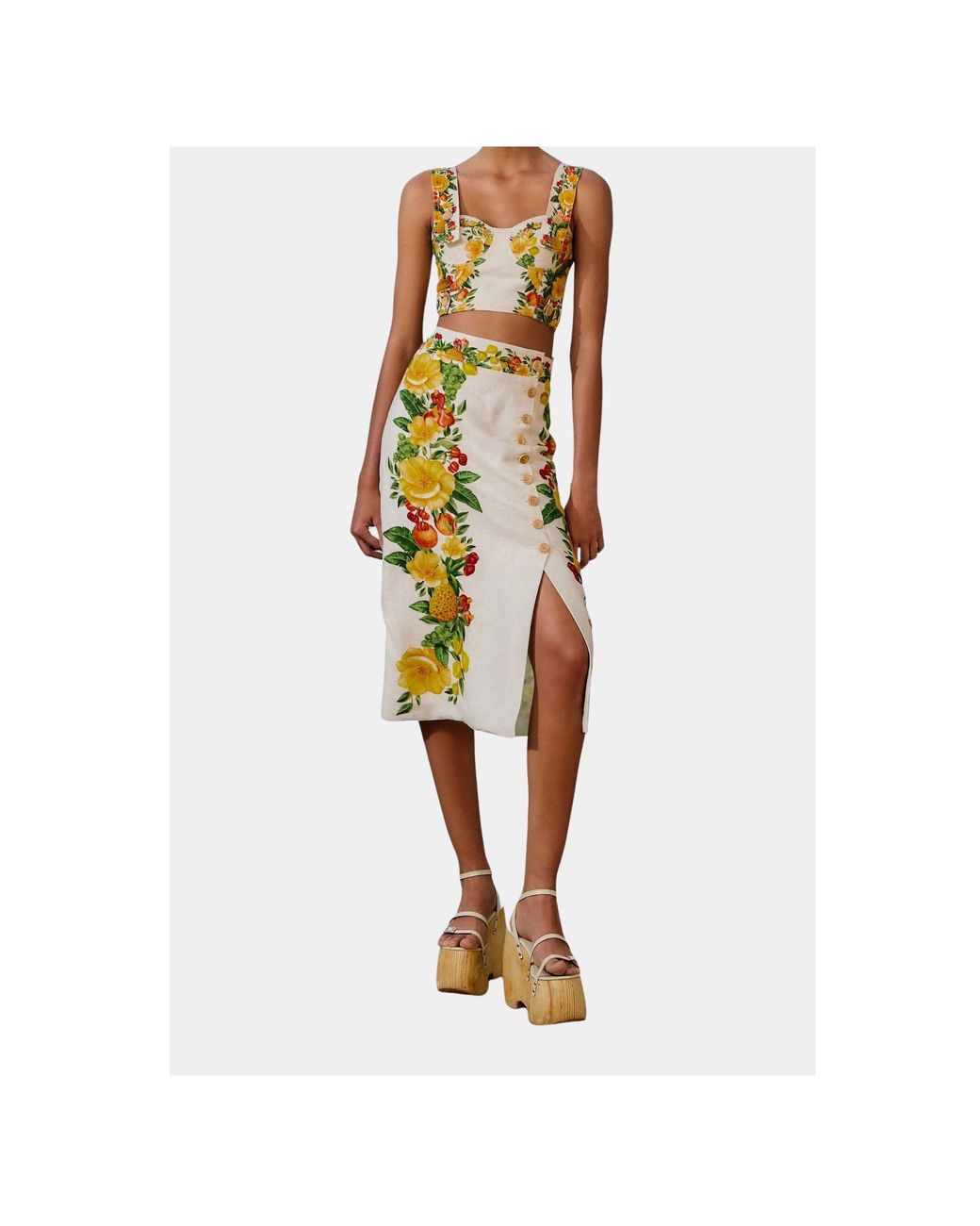 Farm Rio Yellow Cropped Printed Linen Top