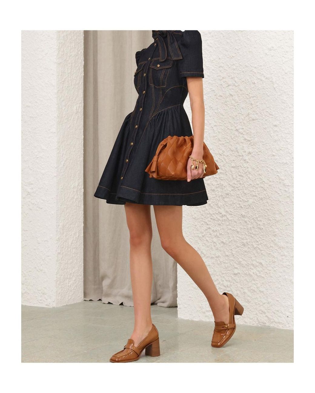 Zimmermann Black Topstitch Belted Shirt Dress