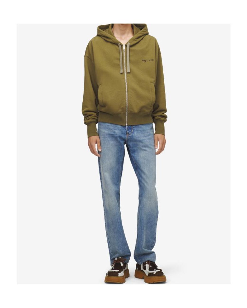 McQueen Green Logo Embroidered Zip-Up Hoodie for men
