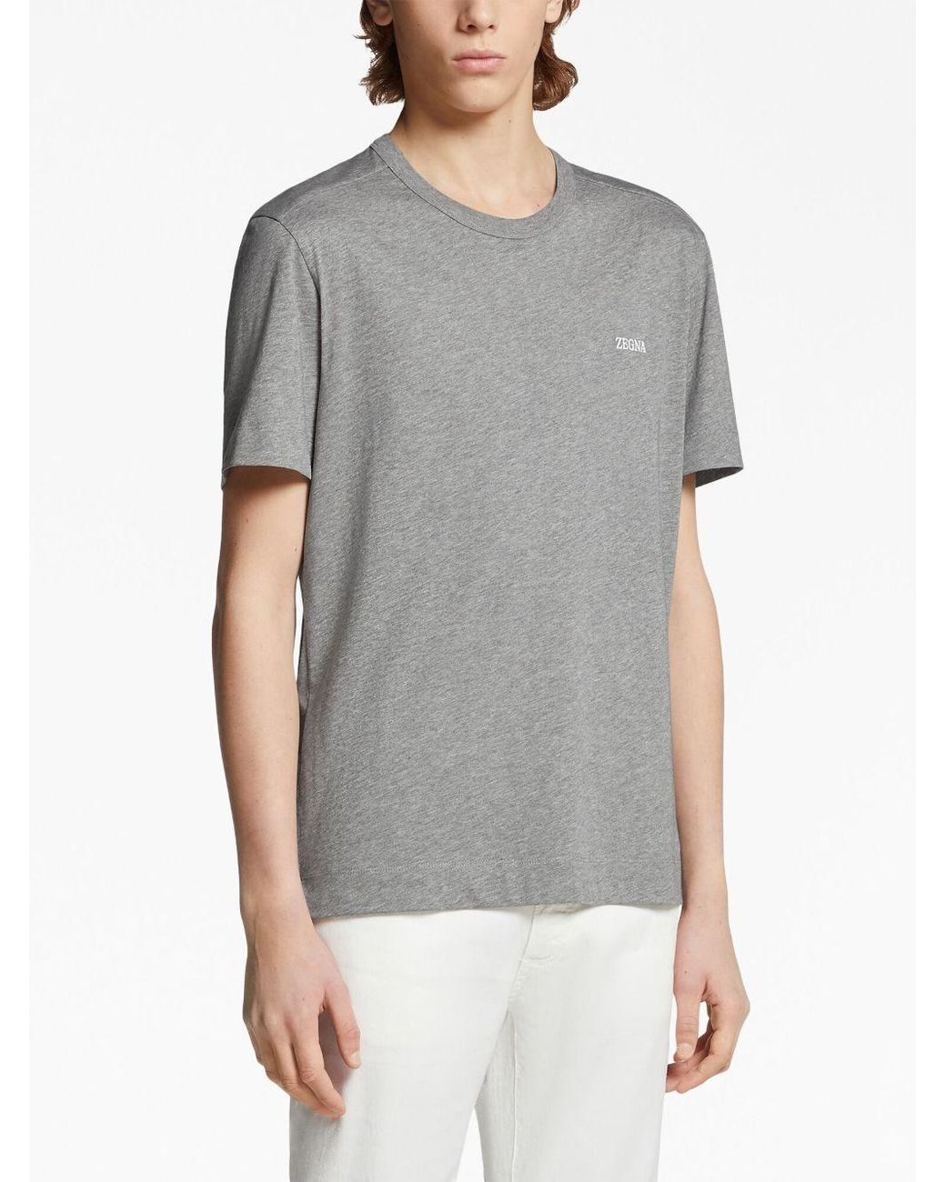 Zegna Gray Logo Embroidered Crewneck T-Shirt for men