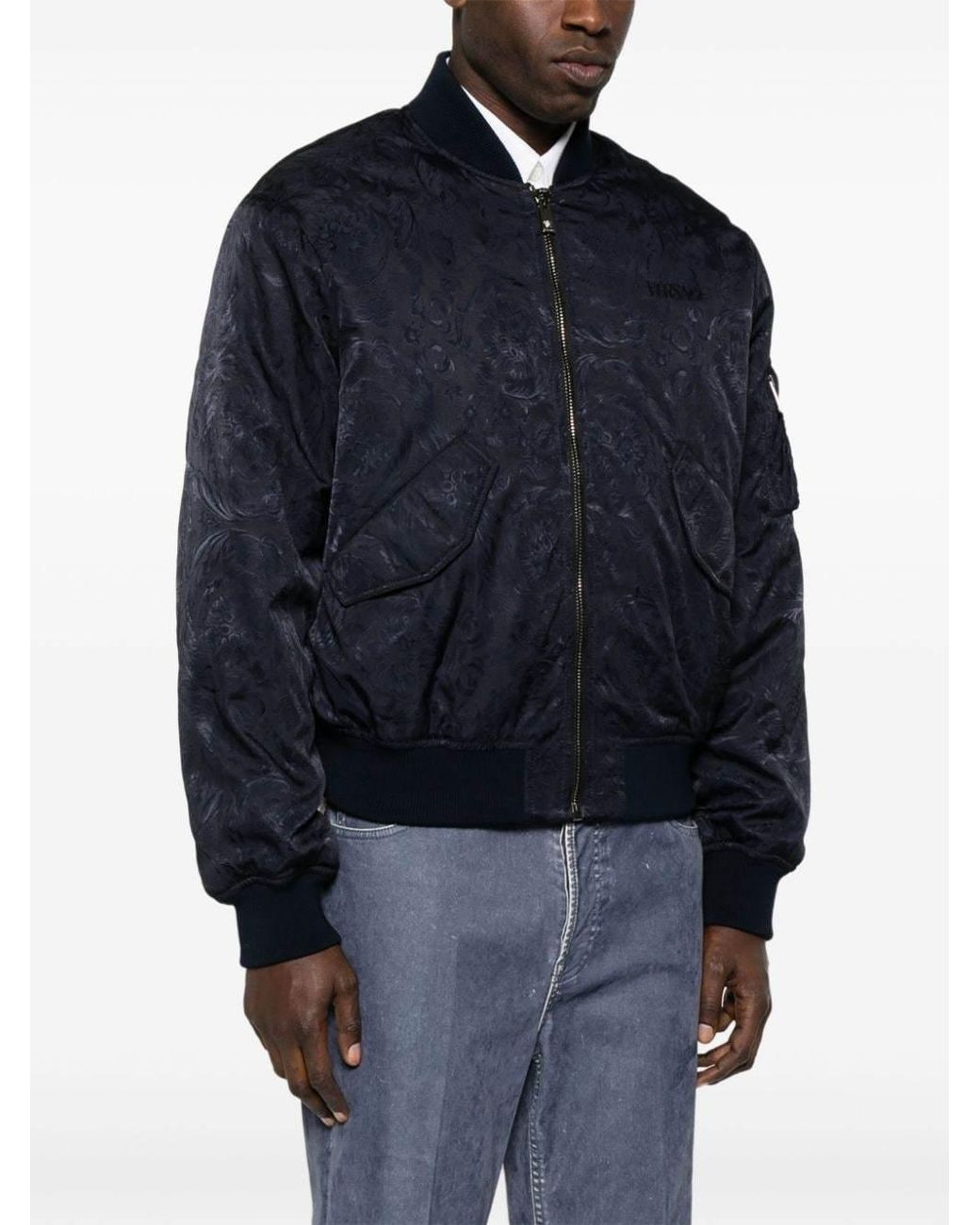 Versace Blue Logo-Embroidered Zip-Up Bomber Jacket for men