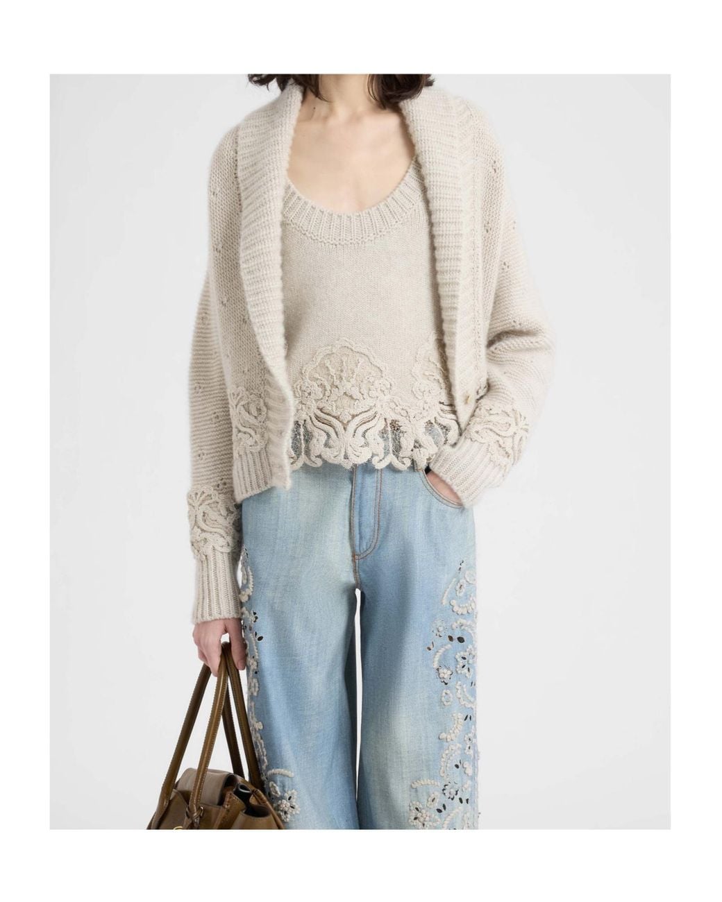 Ermanno Scervino White Pure Cashmere Cardigan With Couture Rebrodé Lace Details