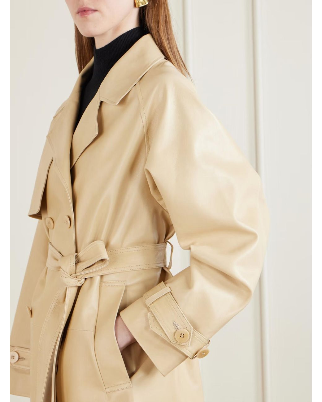 Nour Hammour Natural Double-Breasted Belted Leather Trench Coat
