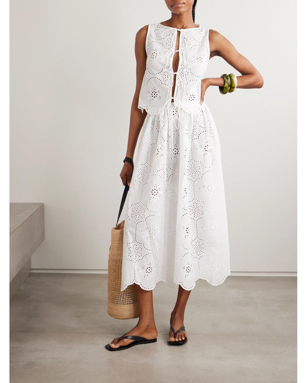 Matteau White Scalloped Broderie Anglaise Cotton Midi Skirt