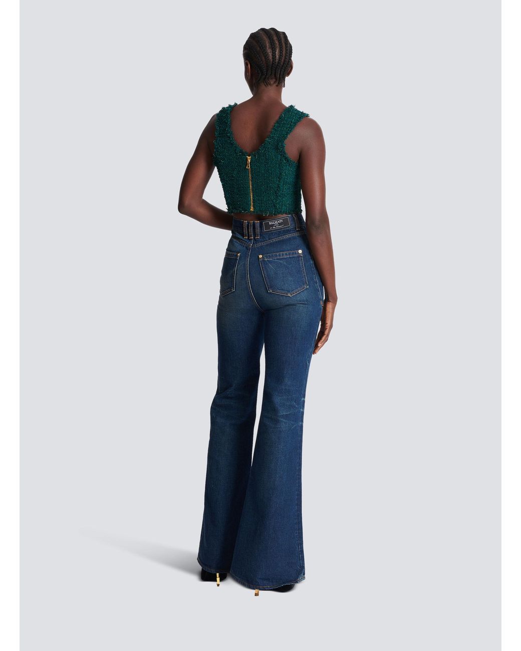 Balmain Green Tweed Crop Top