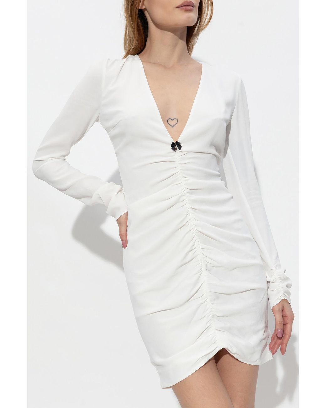 DSquared² White Long Sleeved V-Neck Gathered Mini Dress
