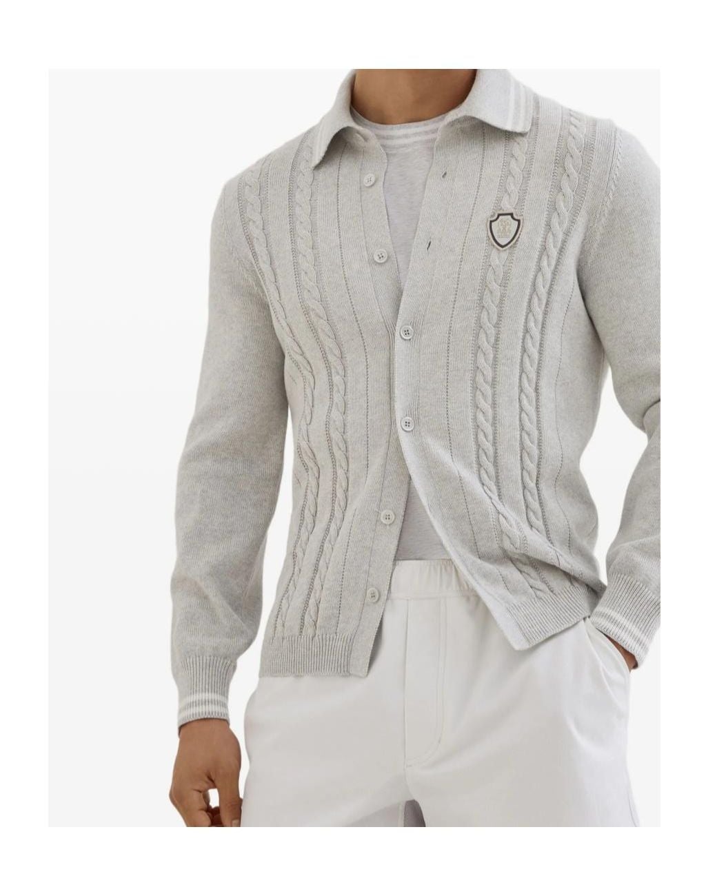 Brunello Cucinelli Gray Cotton Cable Knit Shirt With Logo for men