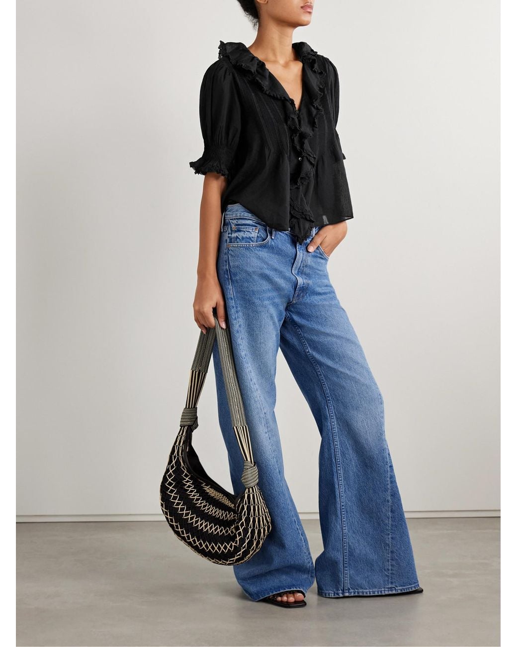 Doen Black Ruffled Pintucked Organic Cotton-Voile Top