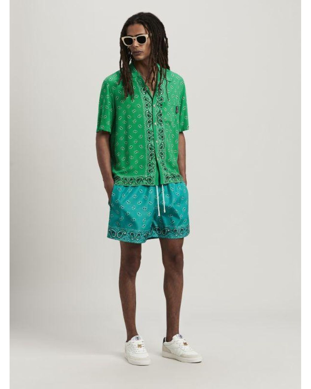 Palm Angels Green Paisley Printed Short-Sleeved Shirt for men