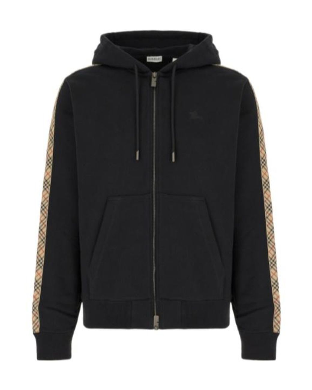 Burberry Black Check-Trim Zip-Up Drawstring Hoodie for men