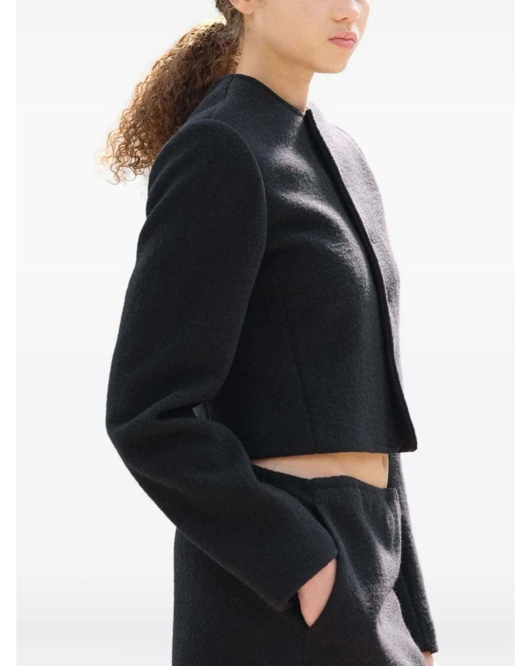 Auralee Black Collarless Wool-Blend Cropped Jacket