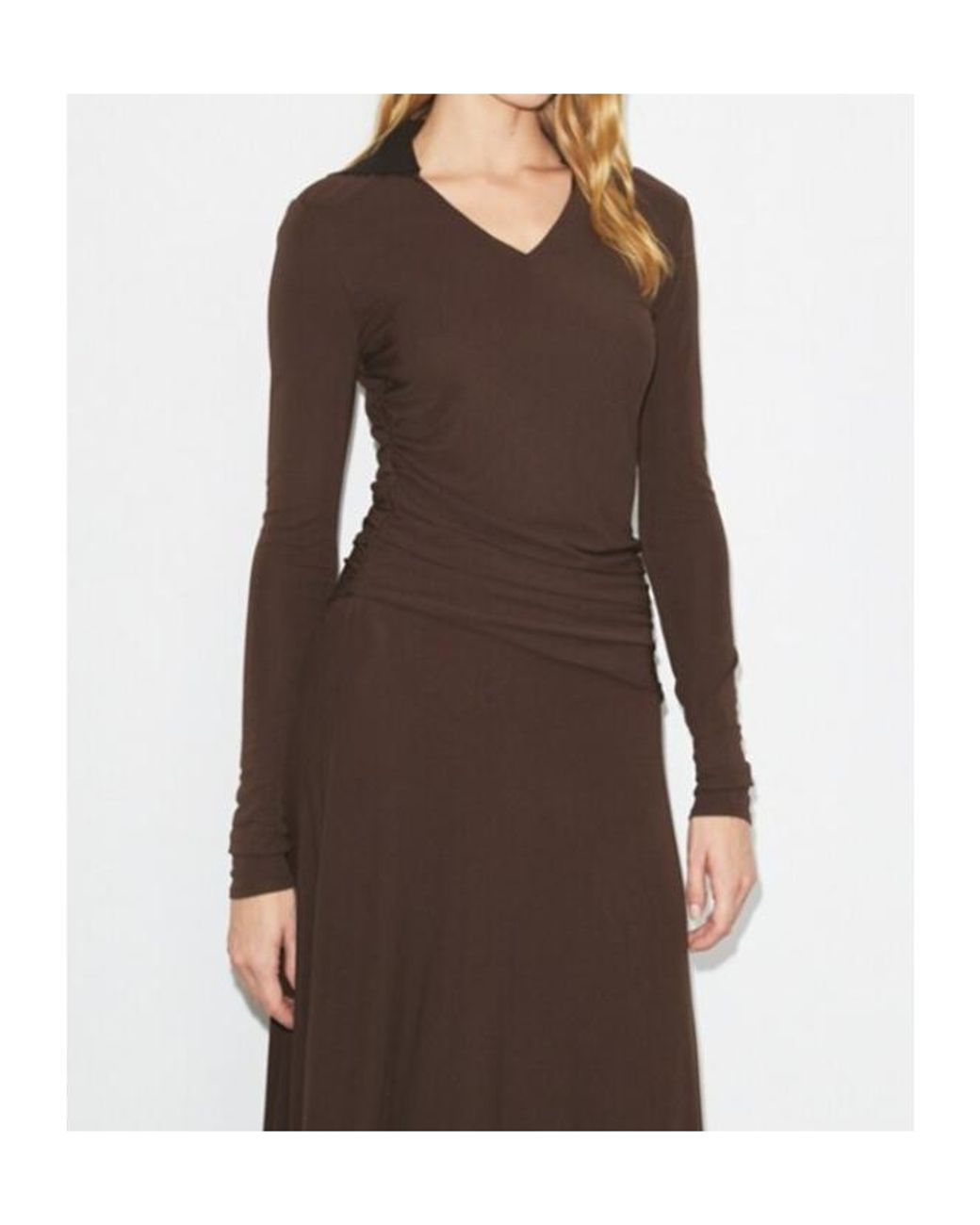 Tory Burch Brown Asymmetric Hem V-Neck Draped Dress