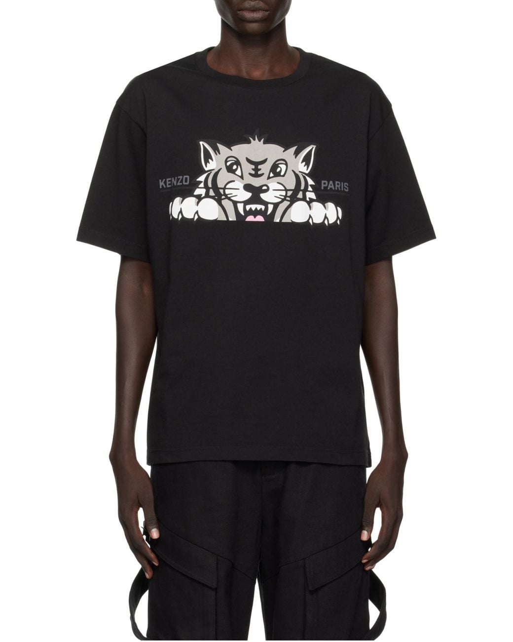 KENZO Black Happy Tiger Printed Crewneck T-Shirt for men