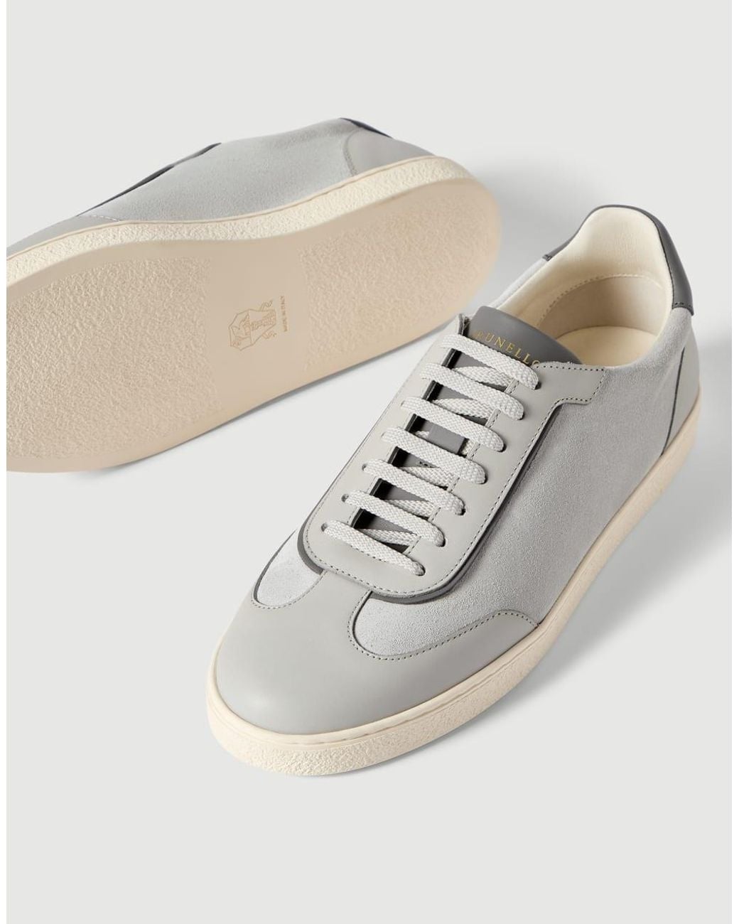 Brunello Cucinelli White Suede And Polished Calfskin Sneakers for men