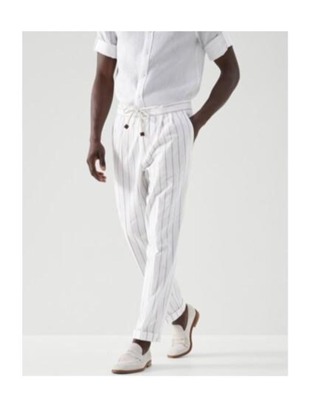 Brunello Cucinelli White Striped Drawstring Cotton Trousers for men
