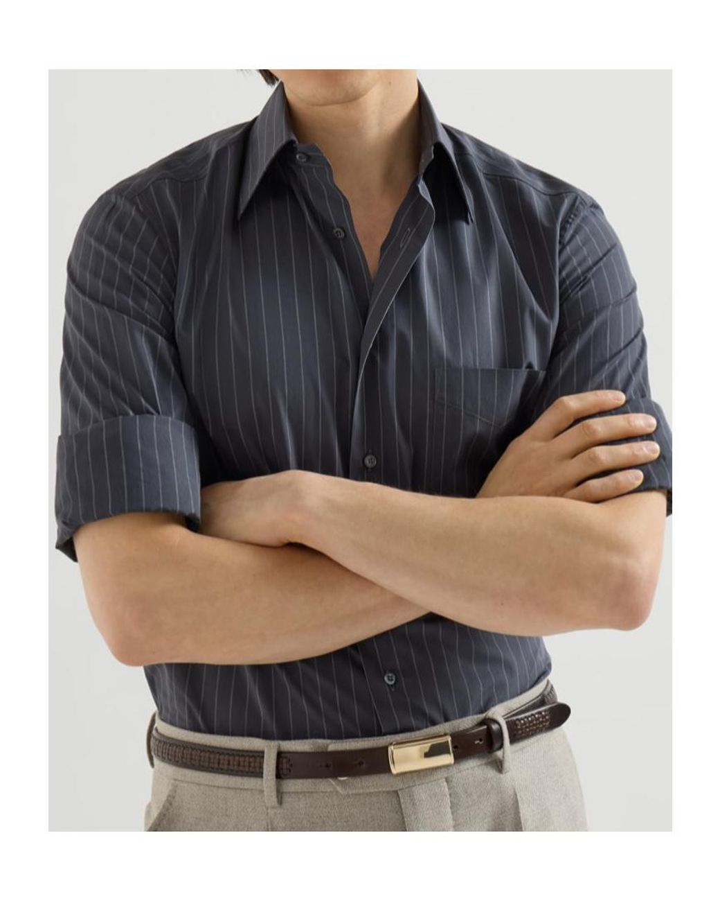 Brunello Cucinelli Blue Double Pinstripe Cotton Overshirt With Italian Collar And Chest Pocket for men
