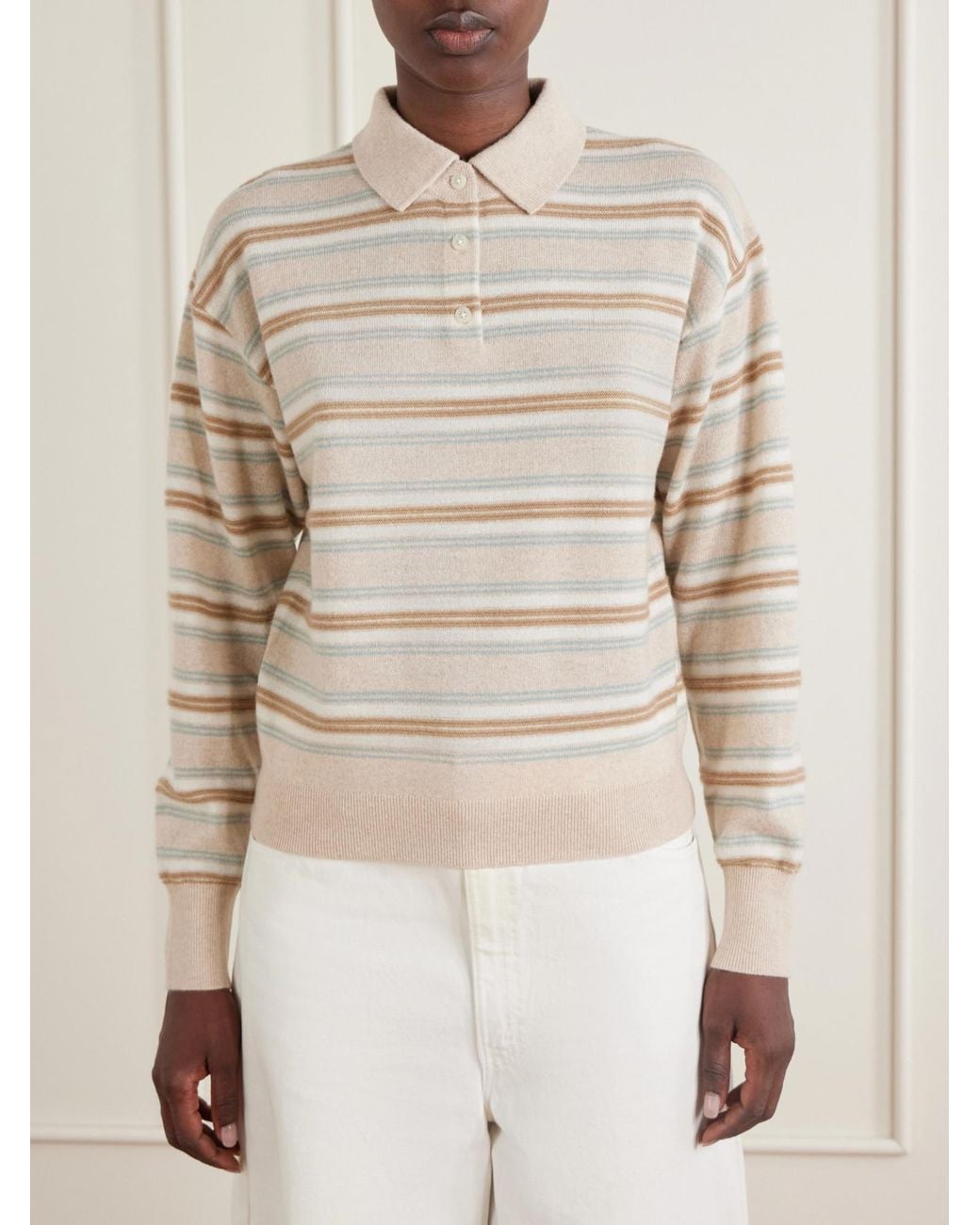 Guest In Residence White Collegiate Striped Cashmere Polo Sweater