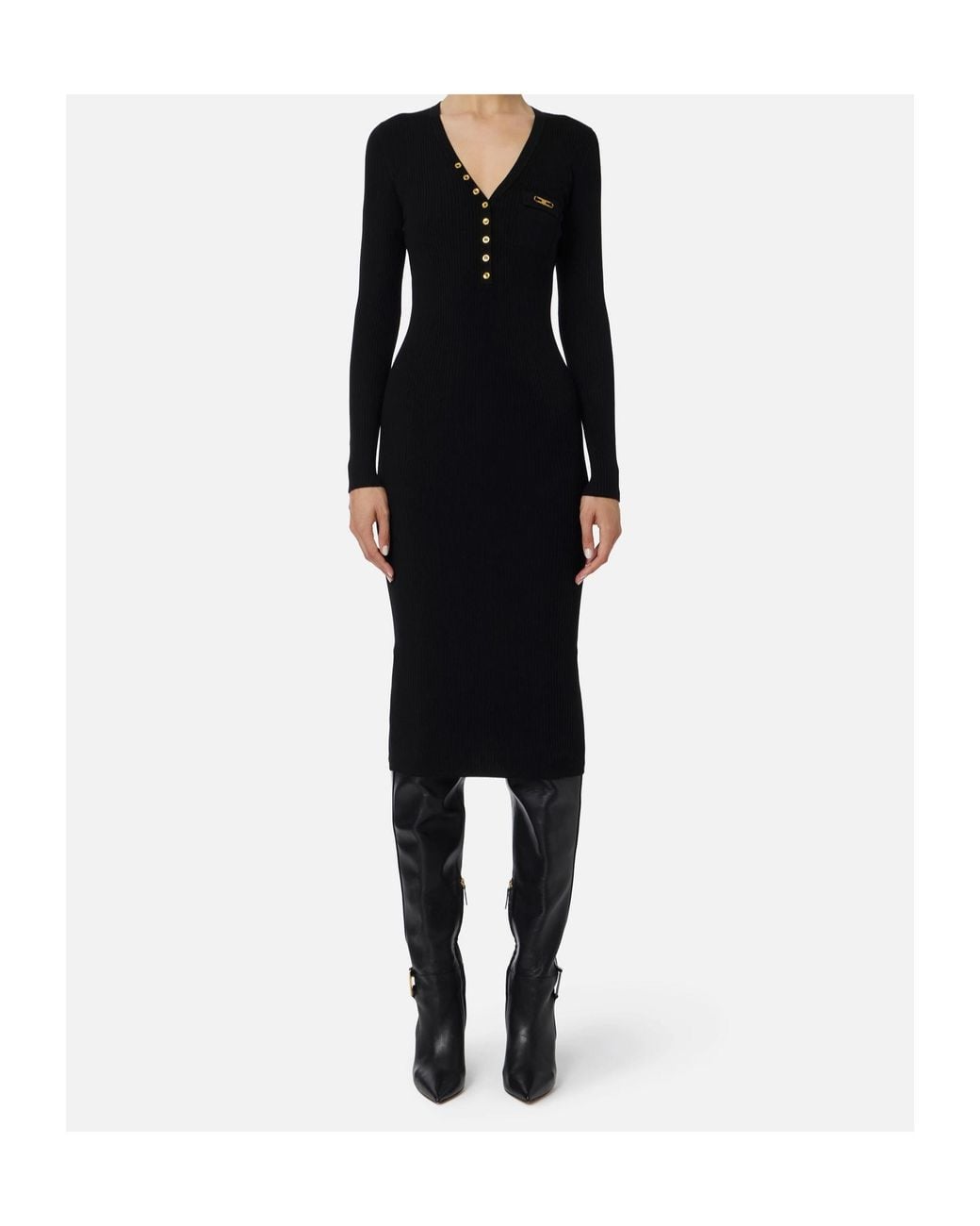 Elisabetta Franchi Black Long Sleeved V-Neck Ribbed Dress