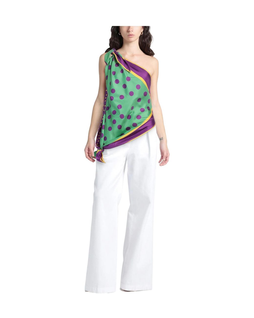 Dolce & Gabbana Green Polka Dot One-Shoulder Satin Top