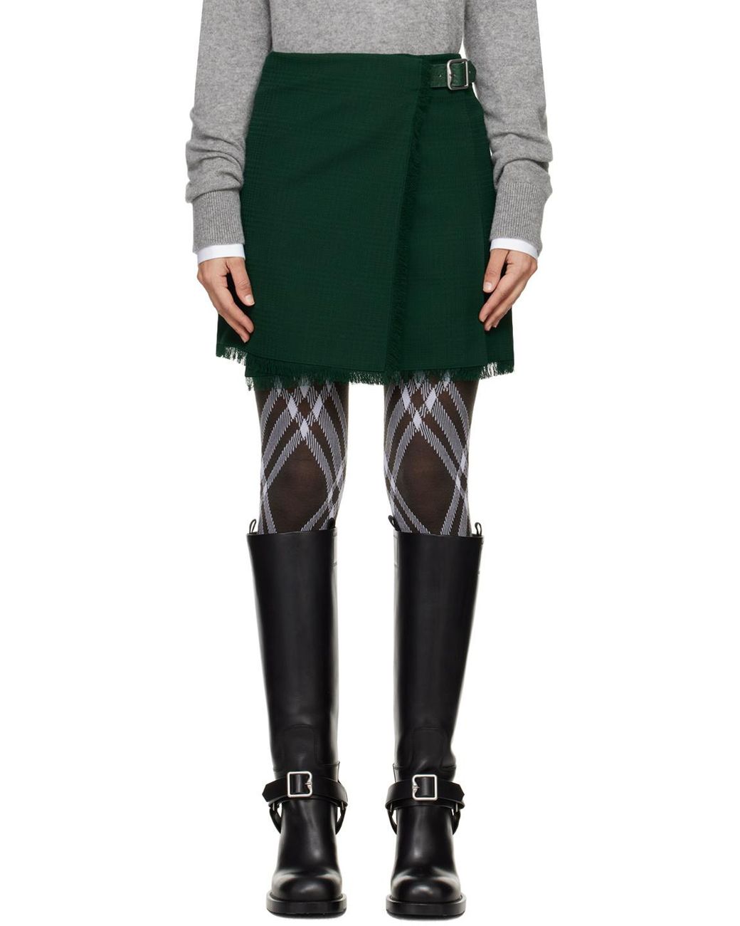 Burberry Green Pleated Frayed-Edge Mini Skirt