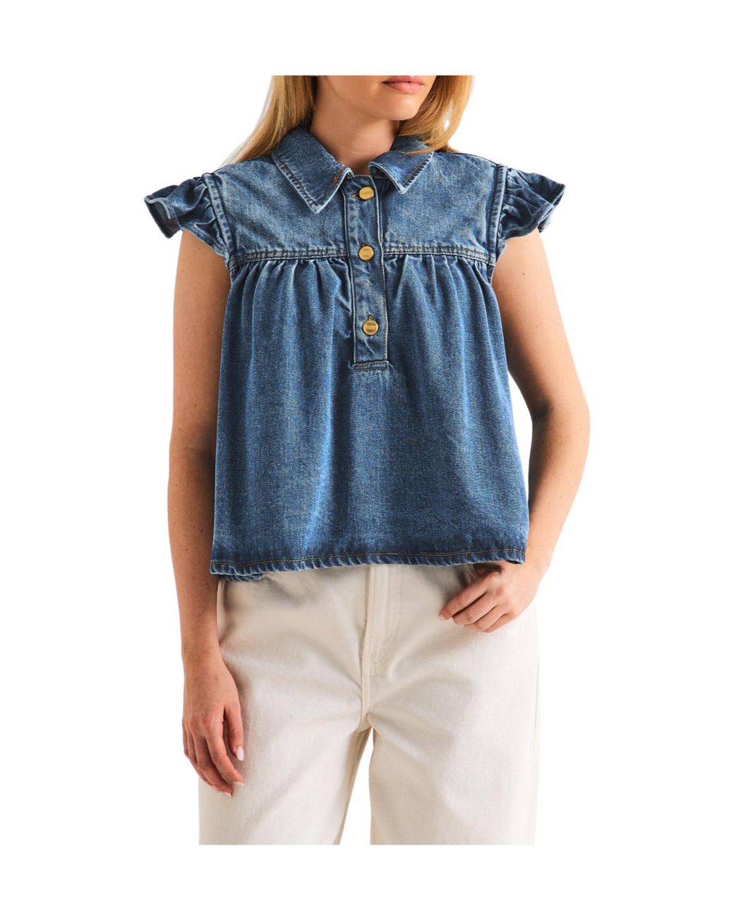 Ganni Blue Denim Short Sleeve Top
