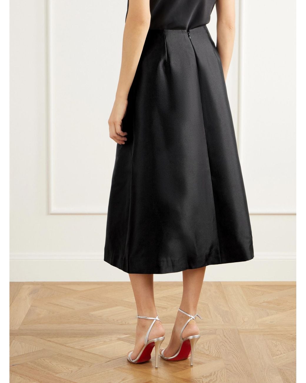 Jonathan Simkhai Black Vexa Pleated Satin Midi Skirt