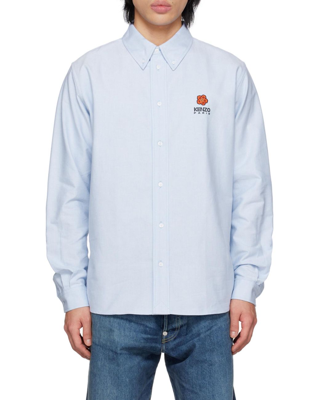 KENZO Blue Boke Flower Logo Embroidered Buttoned Shirt for men