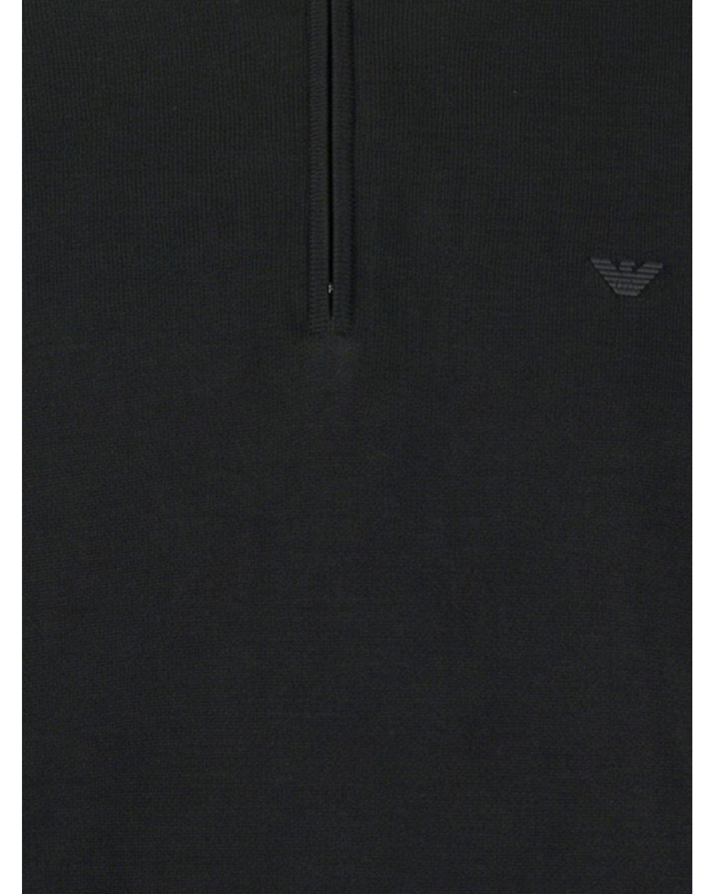 Emporio Armani Black Zip-Neck Embroidered Logo Polo Shirt for men