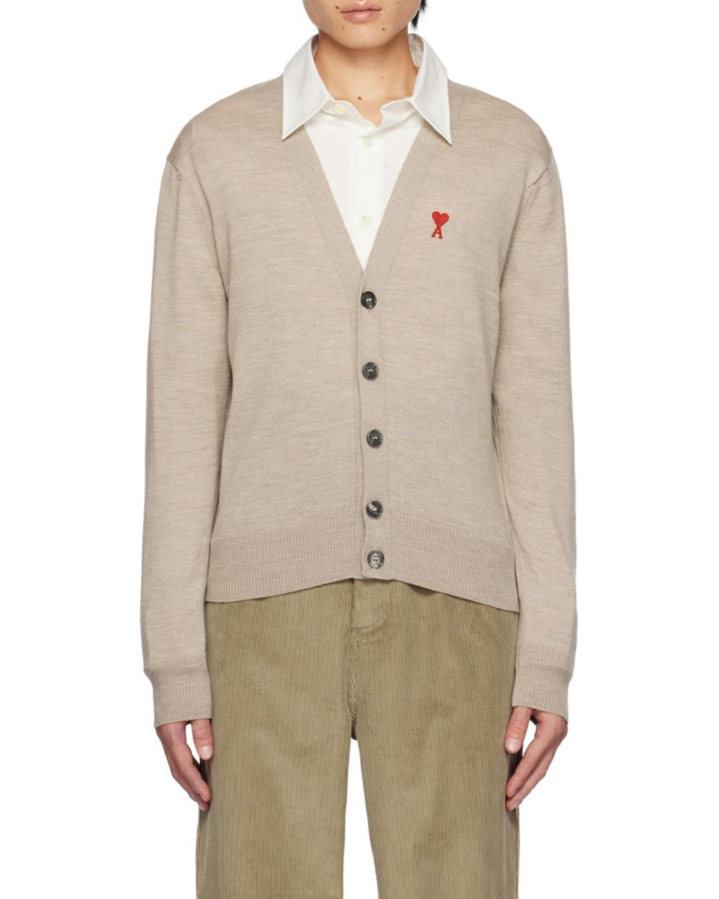 AMI Gray Ami De Coeur Logo Embroidered Buttoned Cardigan for men