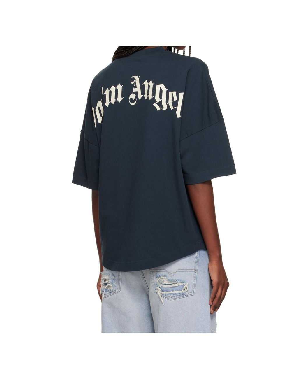 Palm Angels Blue Curved Logo Collar Over Tee Dark