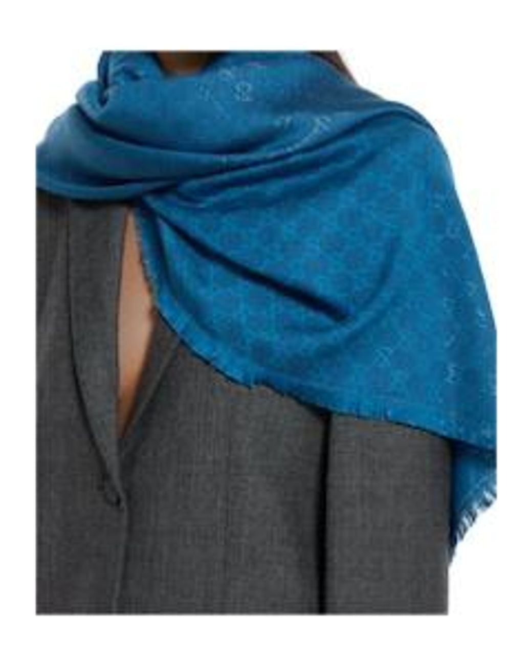 Gucci Blue Monogrammed Fringed Scarf