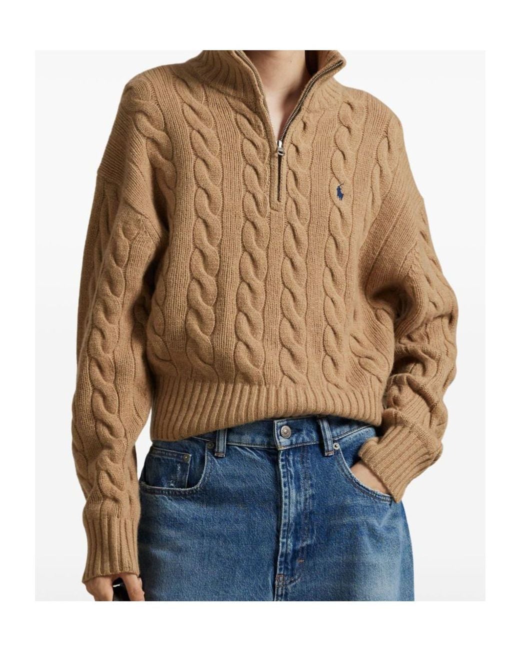 Polo Ralph Lauren Brown Logo Embroidered Cable-Knit Jumper