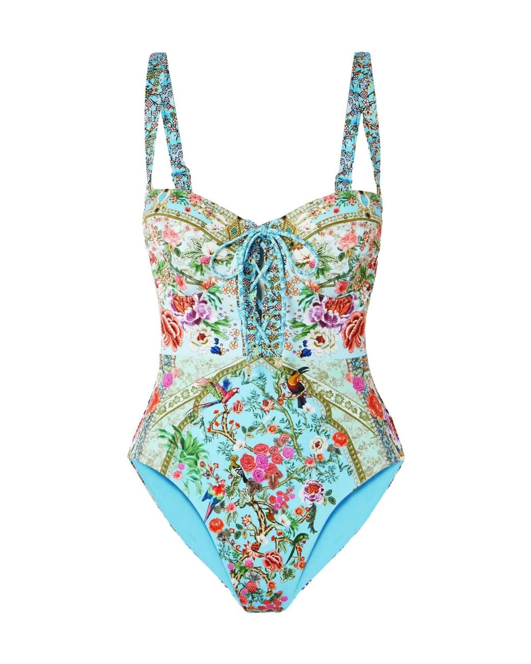Camilla Blue Lace-Up Crystal-Embellished Printed Recycled Swimsuit