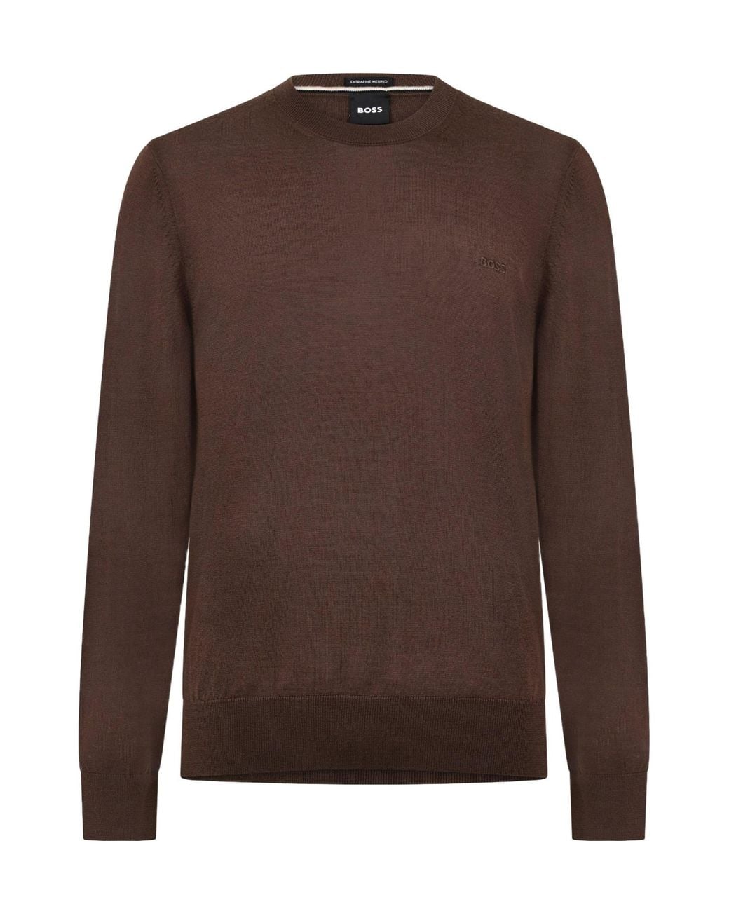 Boss Brown Wool Long-Sleeve Crew Neck Sweater for men