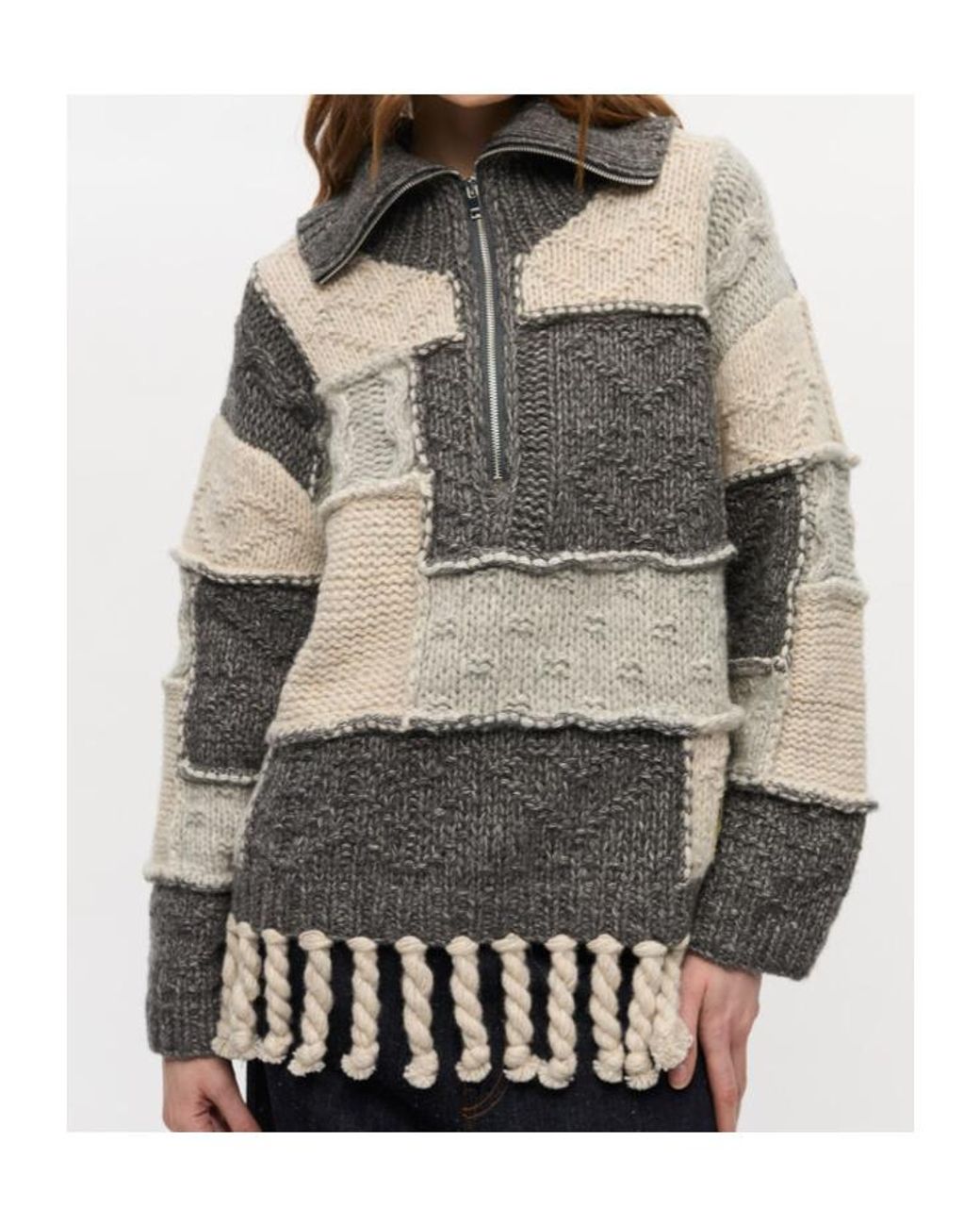 Ganni Gray Patchwork Fringe Jumper