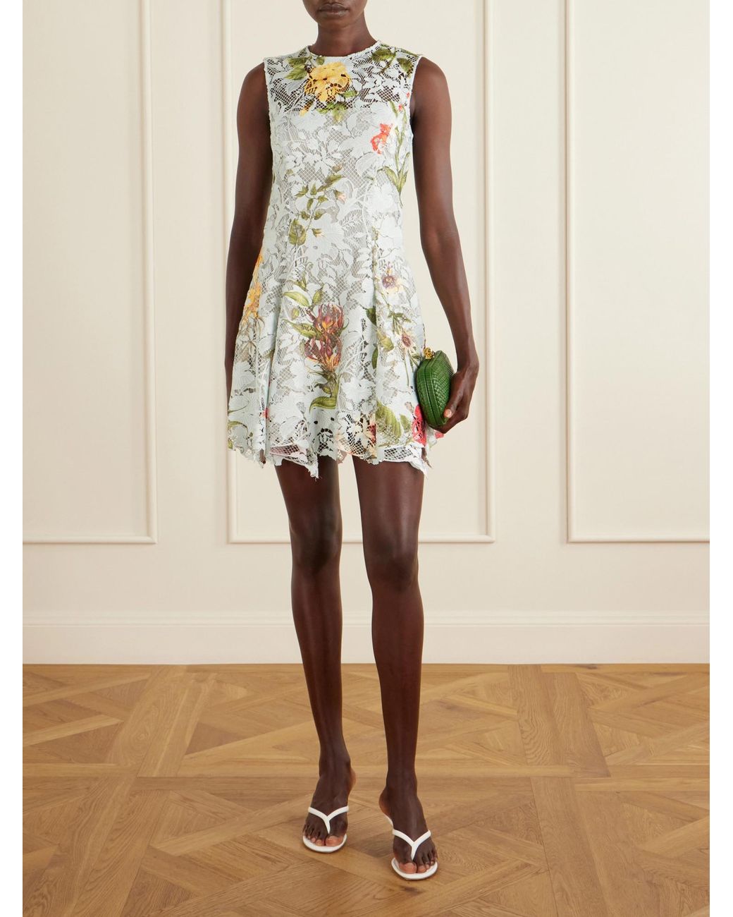 Oscar de la Renta White Floral-Print Lace Mini Dress