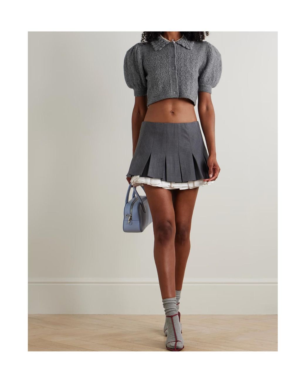 ShuShu/Tong Gray Short Openwork Knit Cardigan