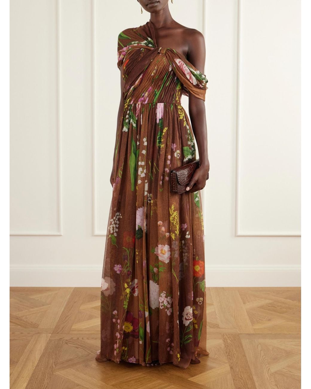 Oscar de la Renta Brown Off-The-Shoulder Pleated Floral-Print Silk-Chiffon Gown