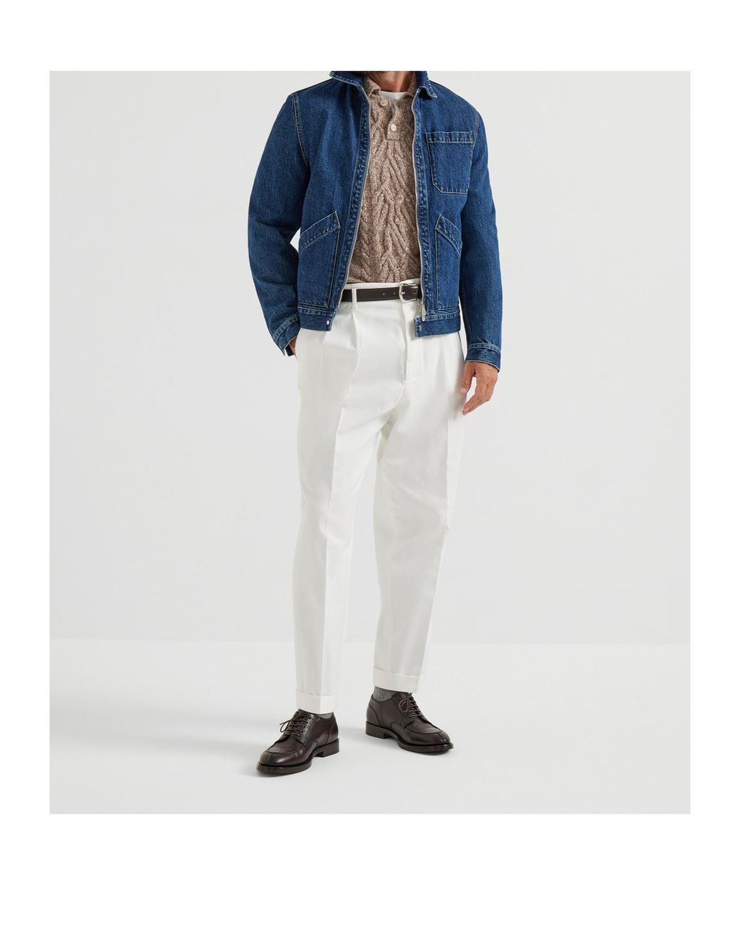 Brunello Cucinelli Brown Cable-Knit Polo Sweater for men