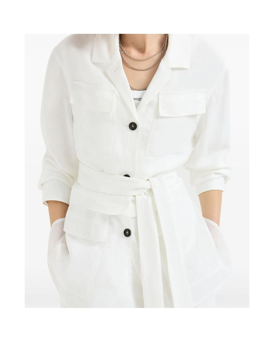 Brunello Cucinelli White Viscose And Linen Fluid Twill Safari Jacket With Monili