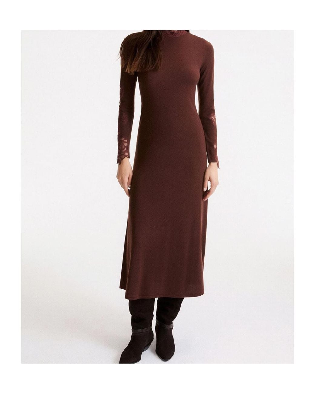 Marella Brown Long Dress With Lace Inserts