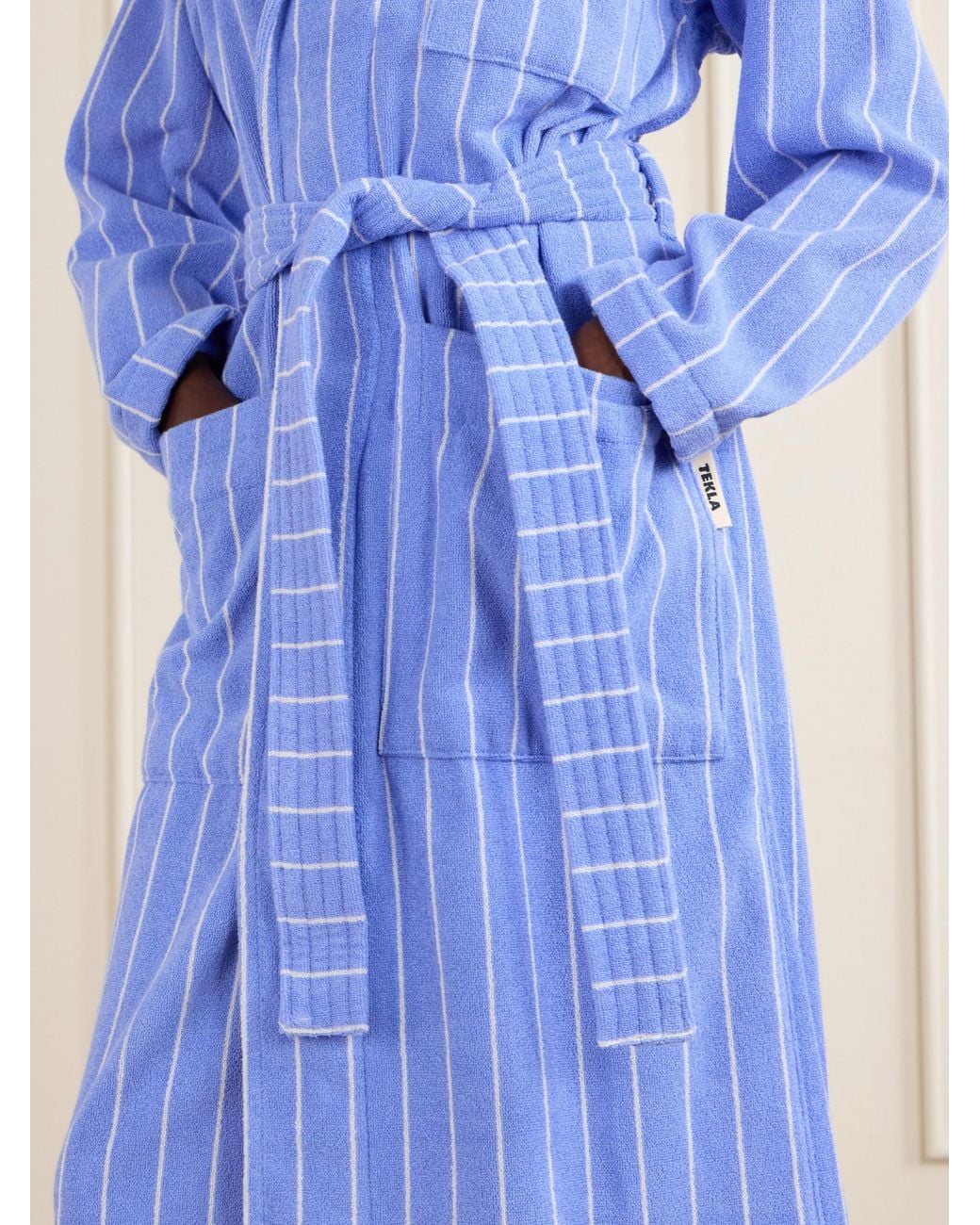 Tekla Blue Belted Striped Cotton-Terry Robe
