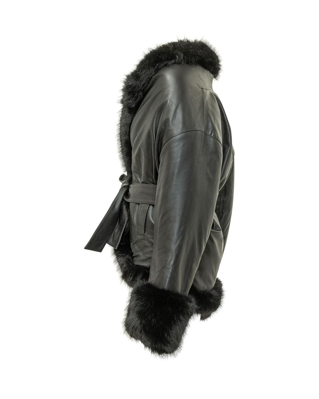 ROTATE BIRGER CHRISTENSEN Black Belted Faux Fur Trim Leather Jacket
