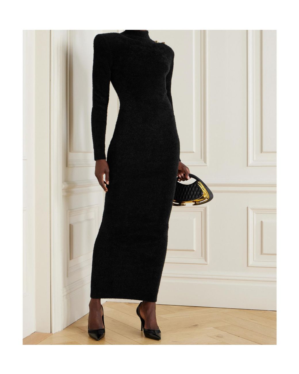 Balmain Black Button-Embellished Long-Sleeve Dress