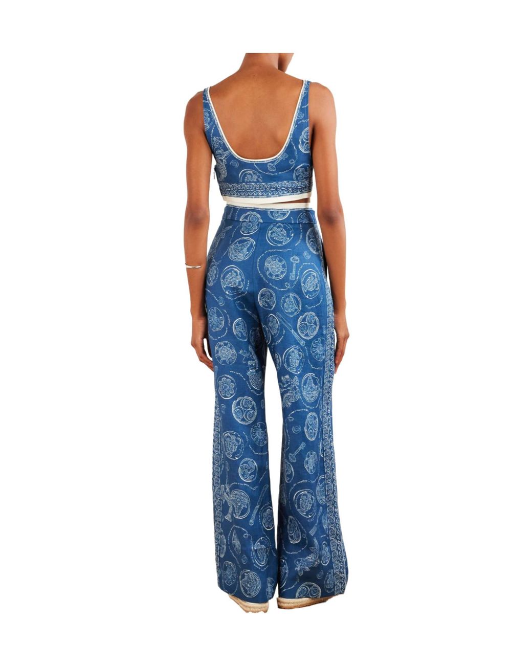 ALÉMAIS Blue Lucky Pleated Printed Linen Wide-Leg Pants