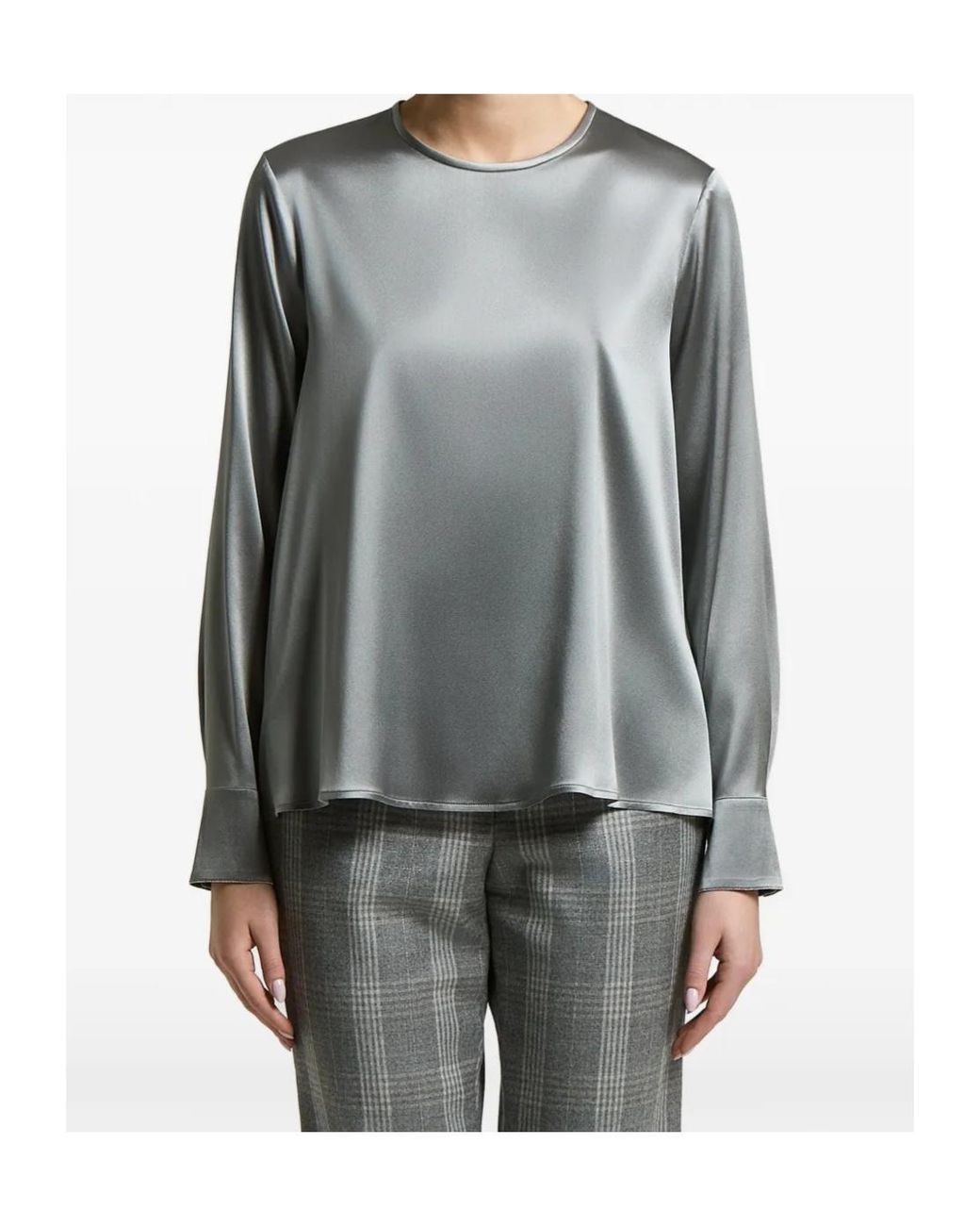 Peserico Gray Beaded-Cuff Silk Blouse